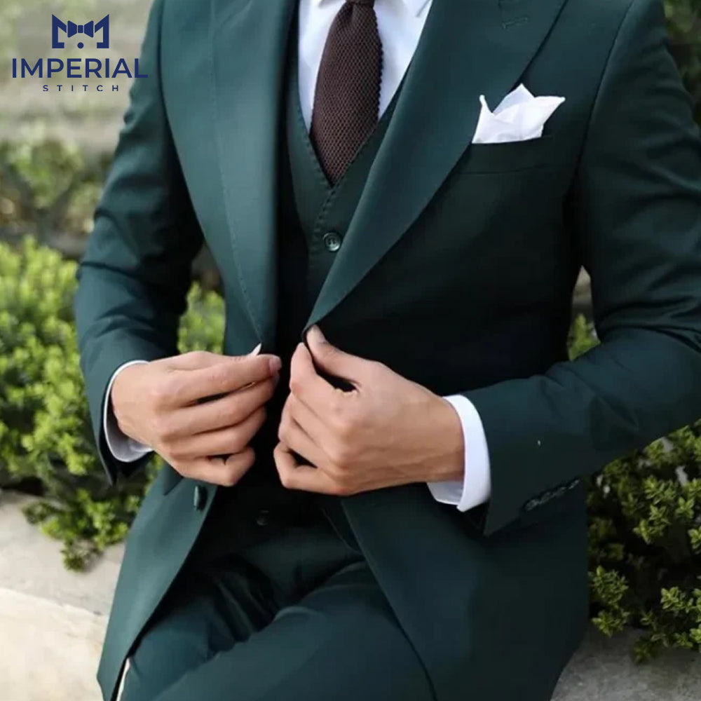 Men’s Dark Green Tuxedo Three-Piece Suit - Elegant Formalwear for Special Occasions