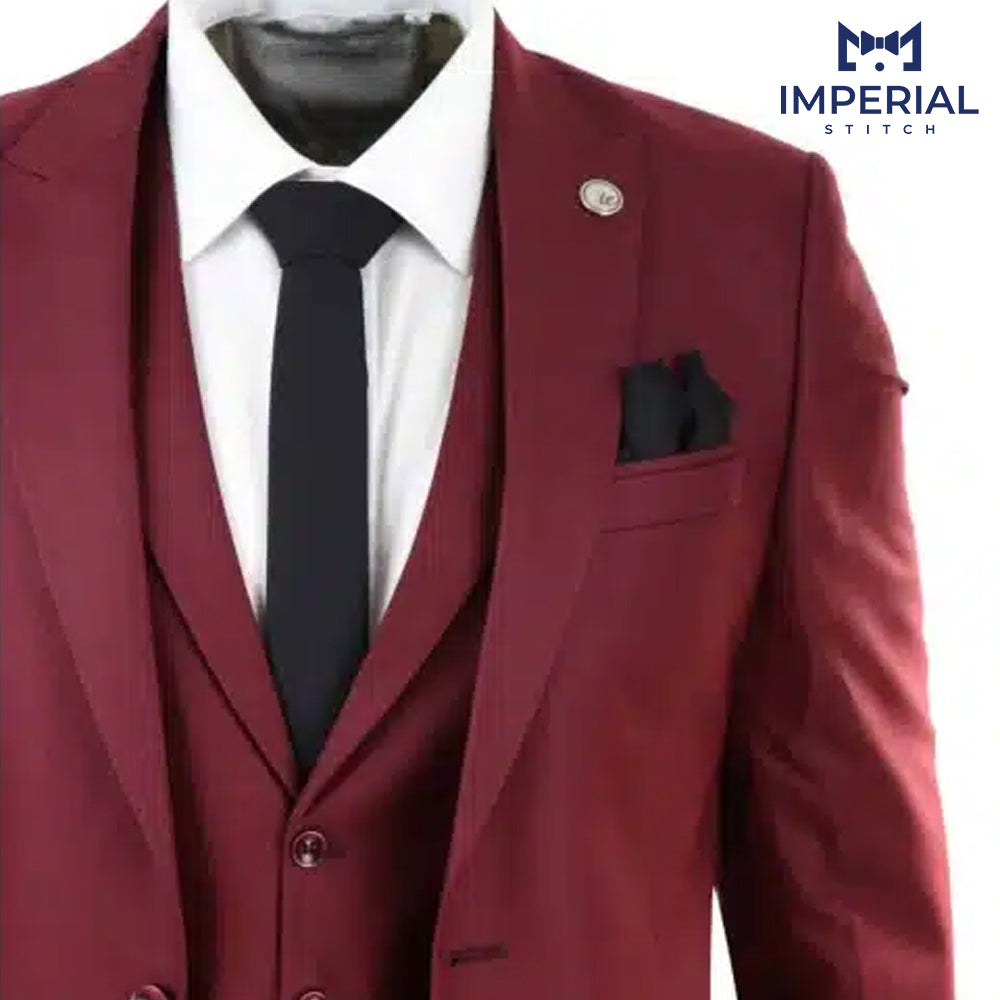 Classy Burgundy Three-Piece Suit for Men - Perfect Wedding Attire