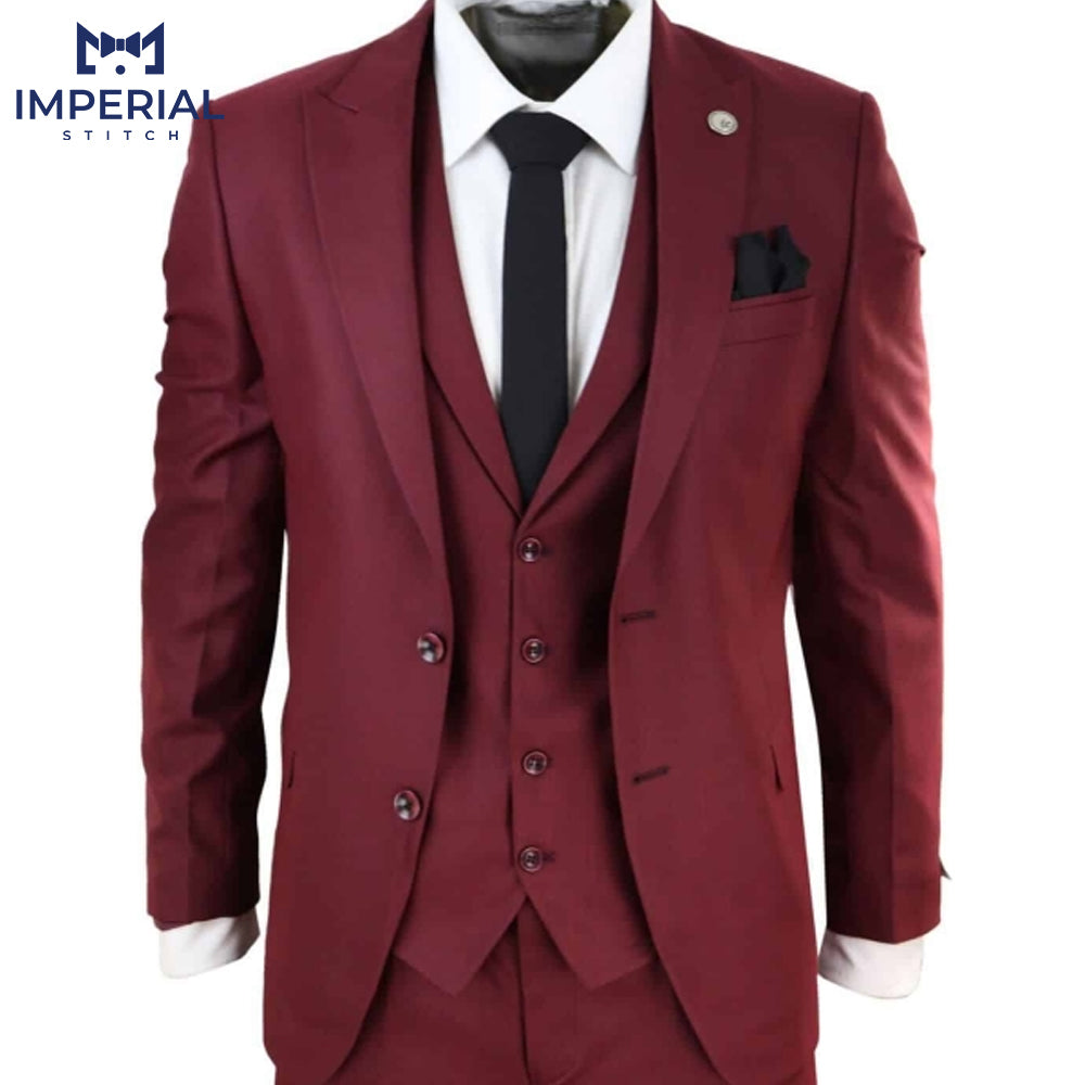 Classy Burgundy Three-Piece Suit for Men - Perfect Wedding Attire