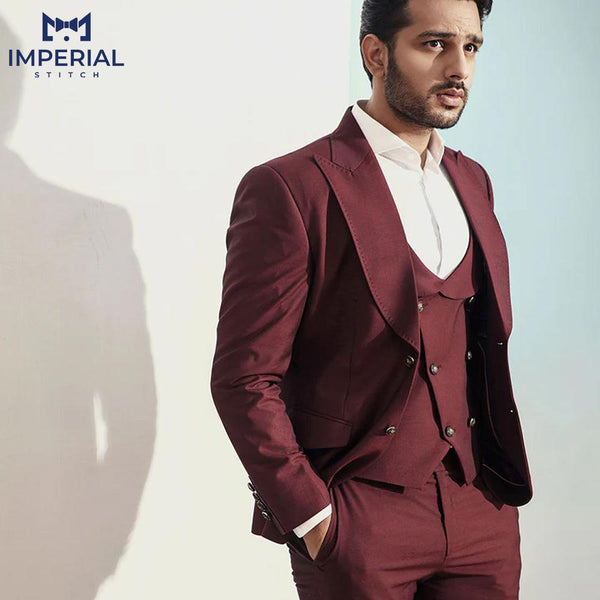 Classy Three Piece Burgundy Suit Wedding Men - Single Breasted - Imperial Stitch