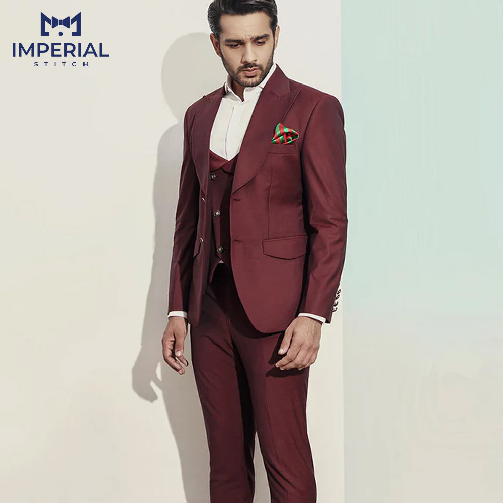 Classy Three Piece Burgundy Suit Wedding Men