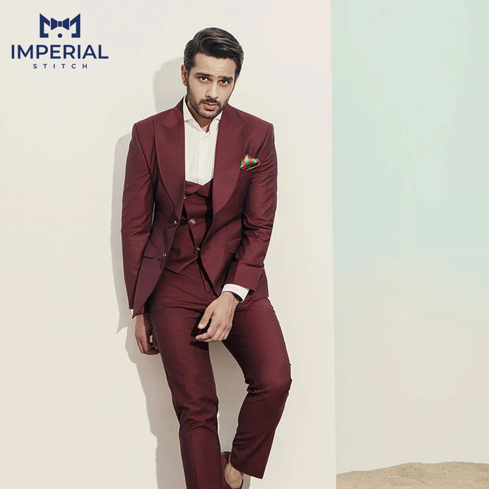 Classy Three Piece Burgundy Suit Wedding Men