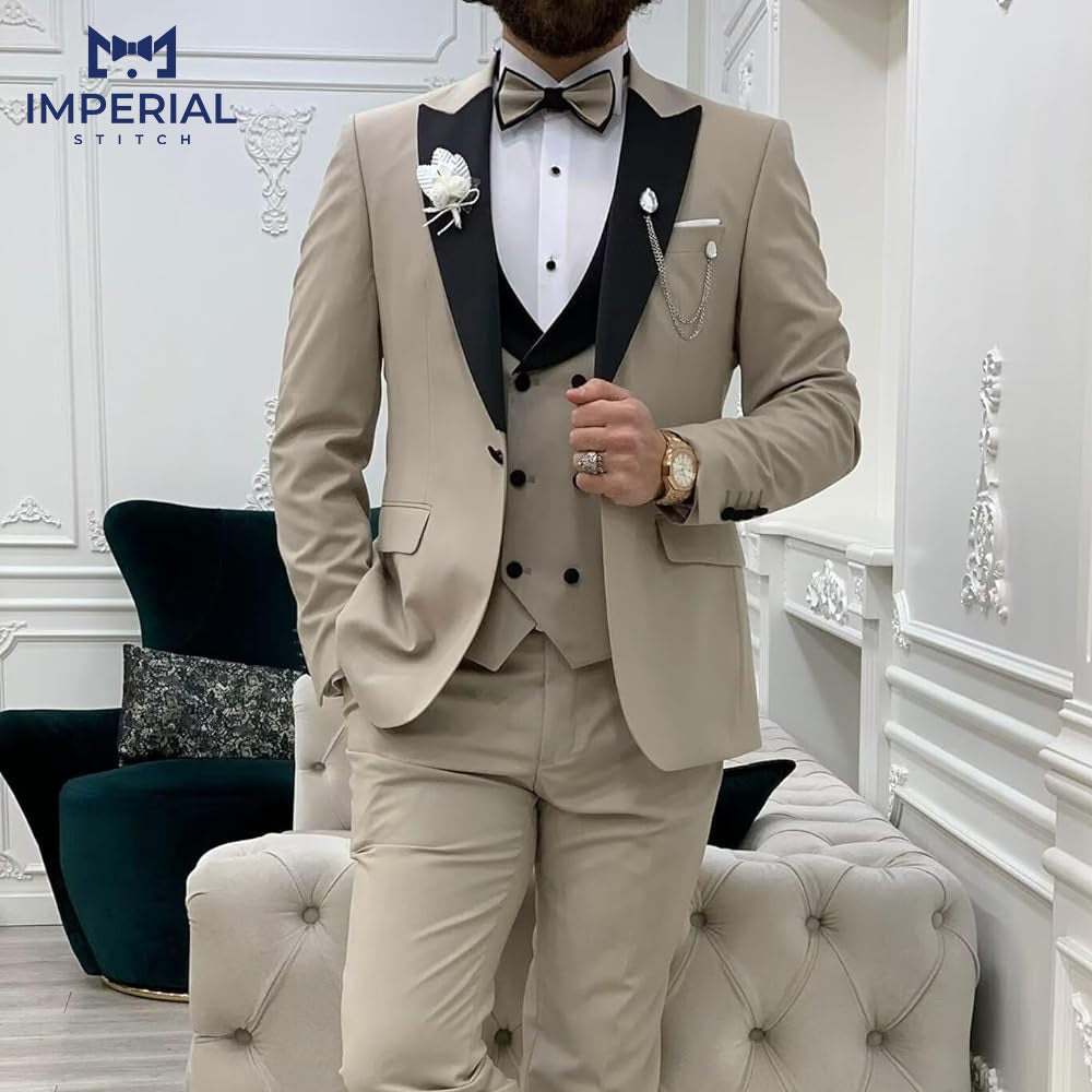 Classy Dark Cream Three-Piece Suit for Men - Elegant Wedding Attire