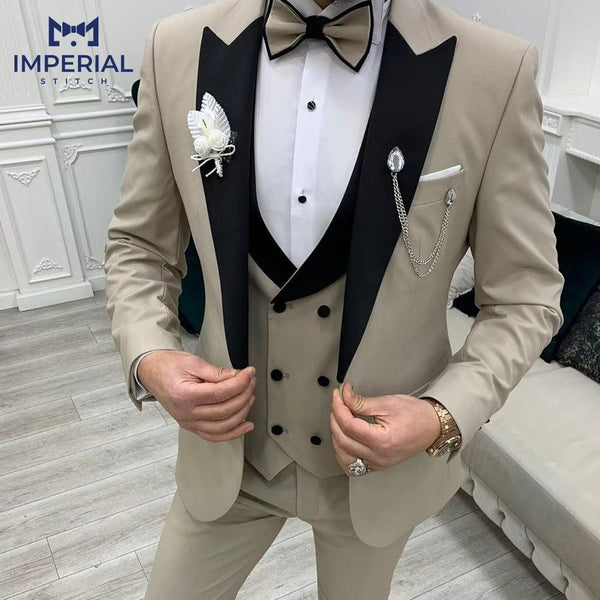 Classy Beige Three-Piece Suit for Men - Elegant Wedding Attire - Imperial Stitch