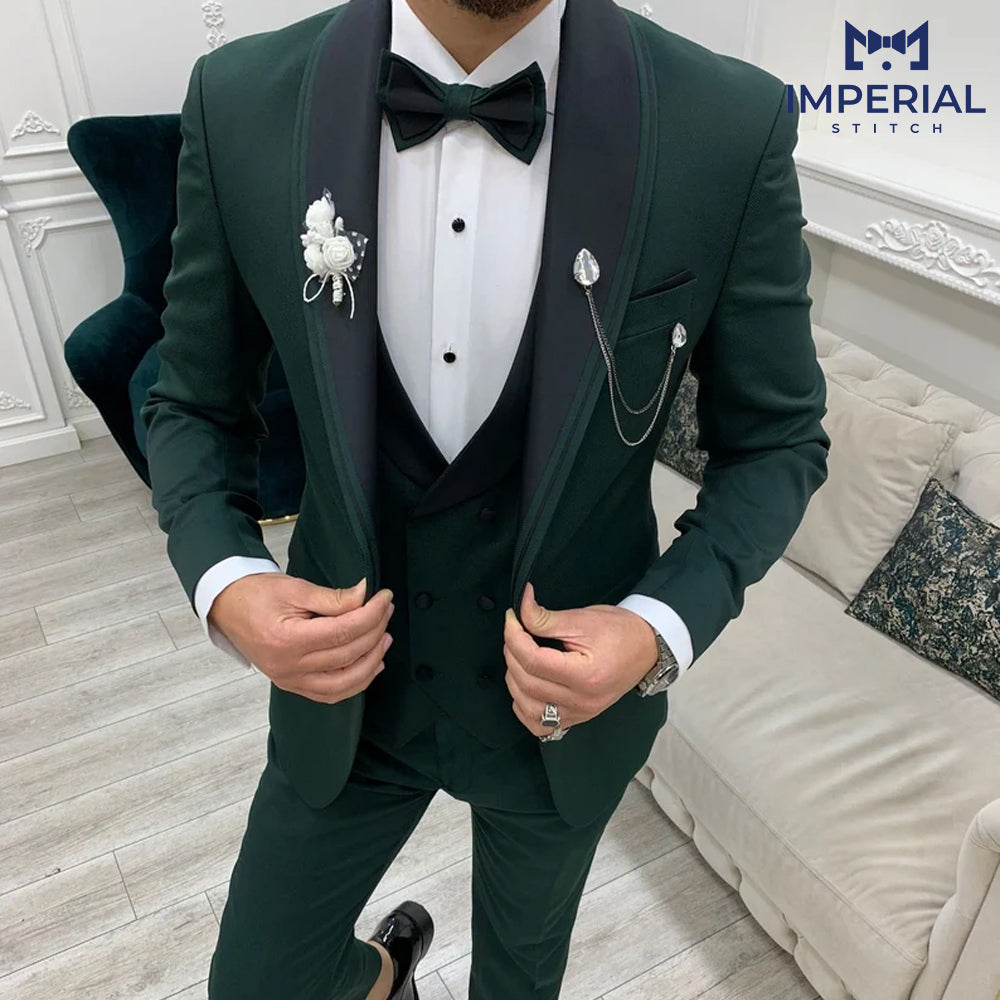 Classy Green Three-Piece Tuxedo Suit for Men - Perfect Wedding Attire