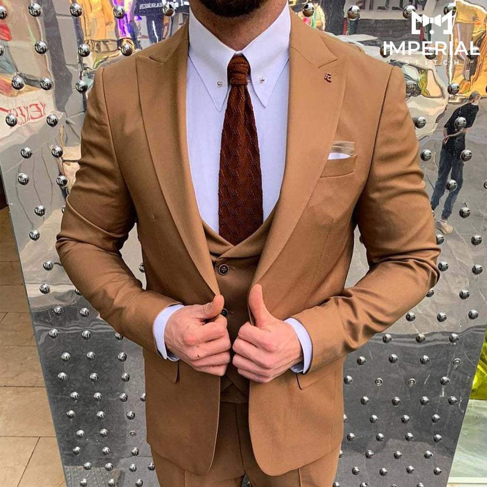 Classy Mustard Three-Piece Suit for Men - Elegant Wedding Attire