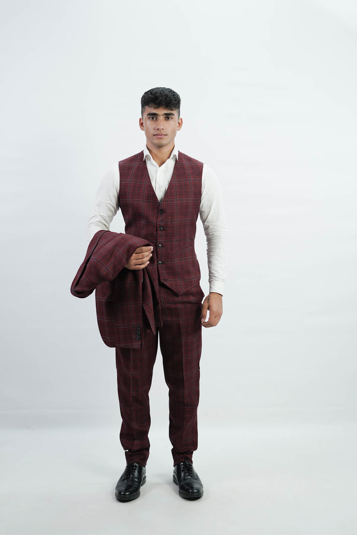 3-Piece Men Burgundy tweed suit - Custom Fit High-End Formalwear for Every Occasion - Imperial Stitch