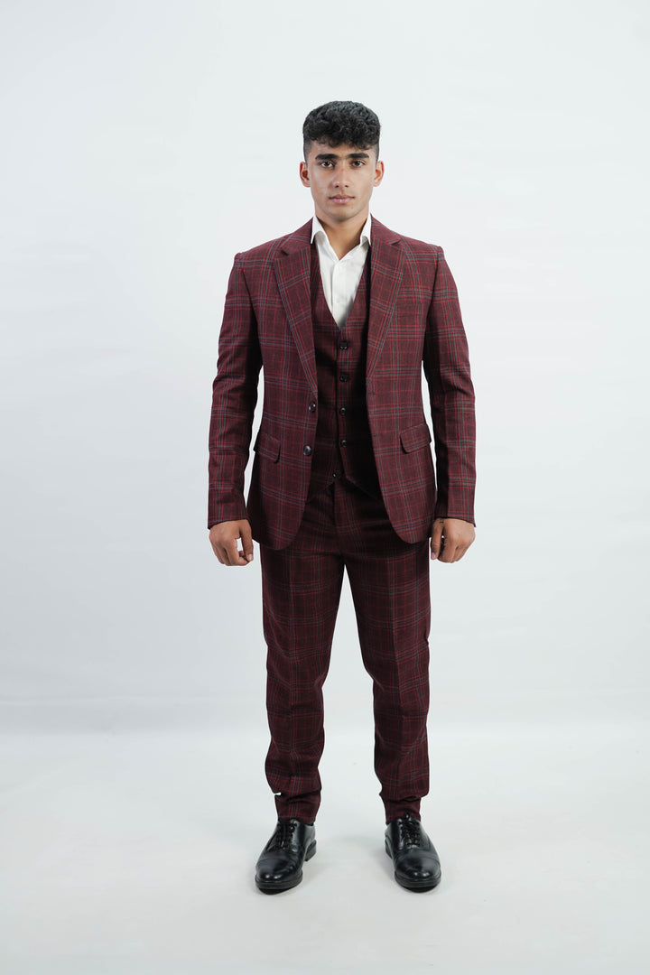 3-Piece Men Burgundy tweed suit - Custom Fit High-End Formalwear for Every Occasion - Imperial Stitch