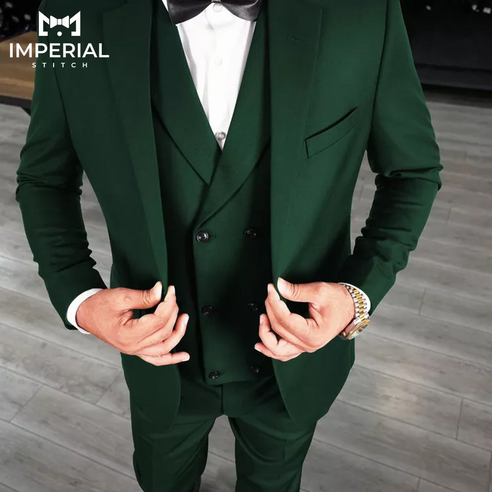 3 Piece Deep Green Men's Suit – Single-Breasted Slim Fit Jacket & Trousers and Vest