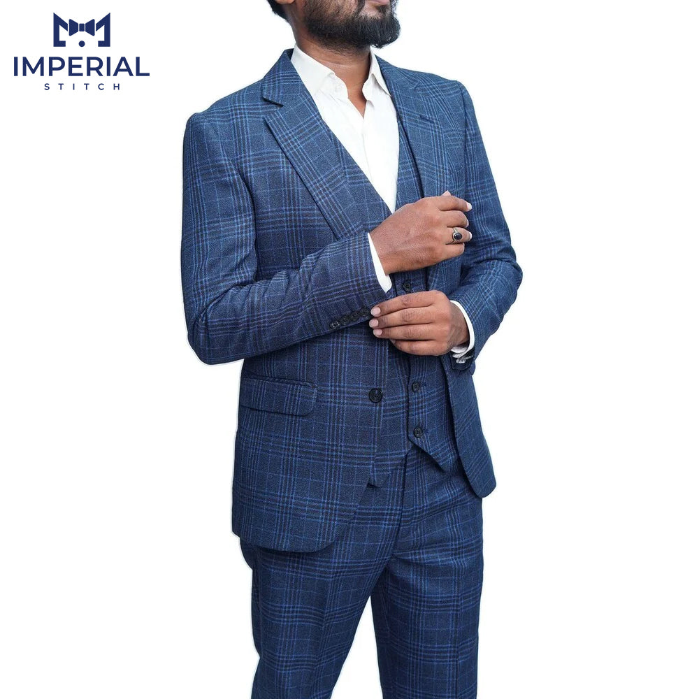 Blue Tweed 3-Piece Wedding Suit - Premium Quality & Timeless Elegance