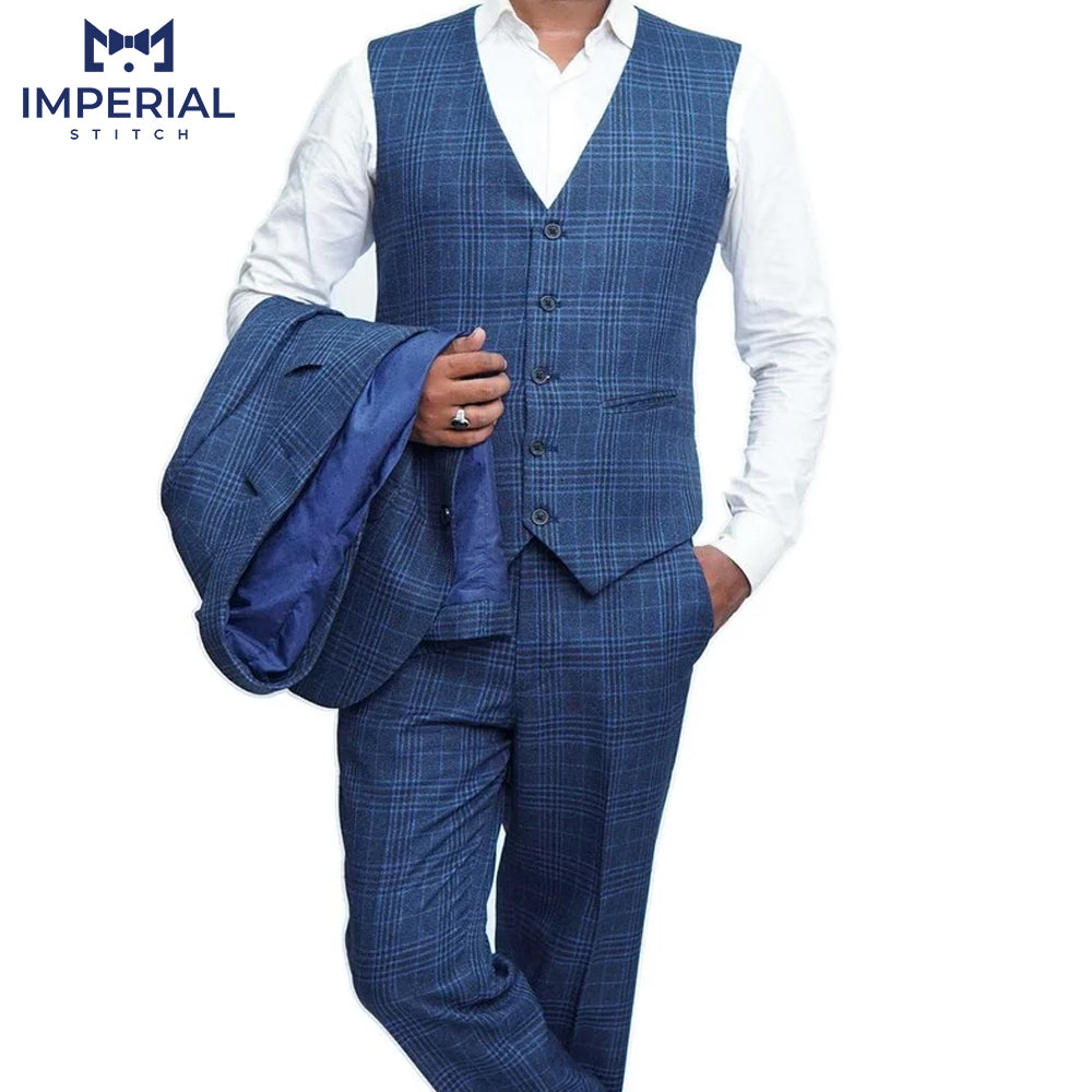 Blue Tweed 3-Piece Wedding Suit - Premium Quality & Timeless Elegance