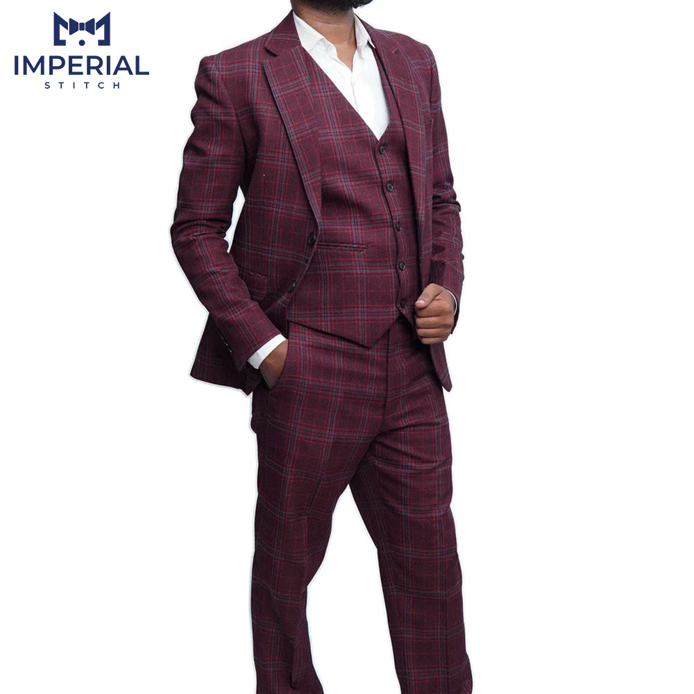 3 Piece Handmade Burgundy Tweed Fabric Wedding Suit for Men - Premium Quality