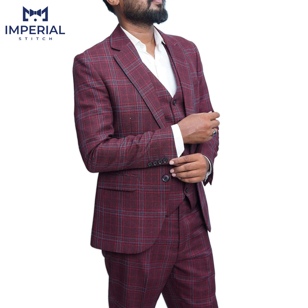 3 Piece Handmade Burgundy Tweed Fabric Wedding Suit for Men - Premium Quality