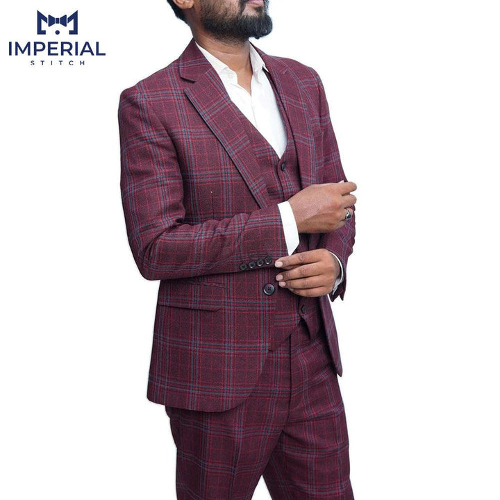 3 Piece Handmade Burgundy Tweed Fabric Wedding Suit for Men - Premium Quality - Imperial Stitch