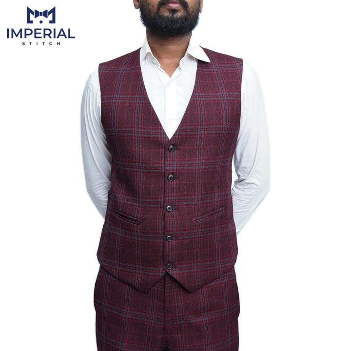 3 Piece Handmade Burgundy Tweed Fabric Wedding Suit for Men - Premium Quality - Imperial Stitch