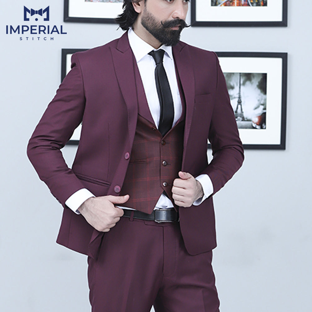 Men’s Burgundy 3-Piece Formal Wedding Suit - Sophisticated & Stylish Attire