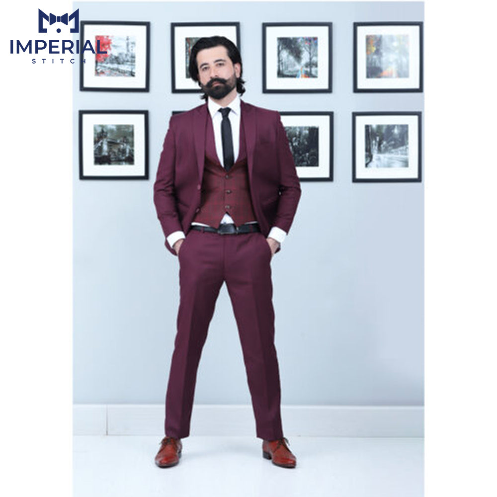 Men’s Burgundy 3-Piece Formal Wedding Suit - Sophisticated & Stylish Attire