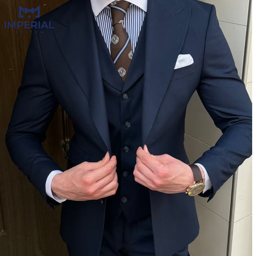 Men’s Formal Navy Blue 3-Piece Suit - Classic Tailored Fit for Weddings & Special Occasions