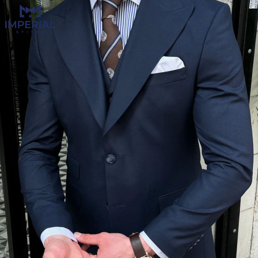 Men’s Formal Navy Blue 3-Piece Suit - Classic Tailored Fit for Weddings & Special Occasions