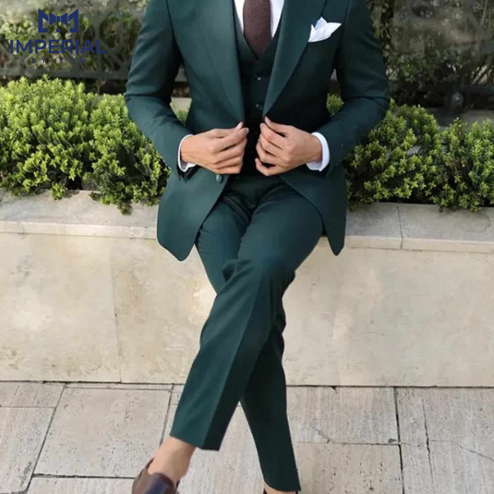 Men’s Dark Green Tuxedo Three-Piece Suit - Elegant Formalwear for Special Occasions