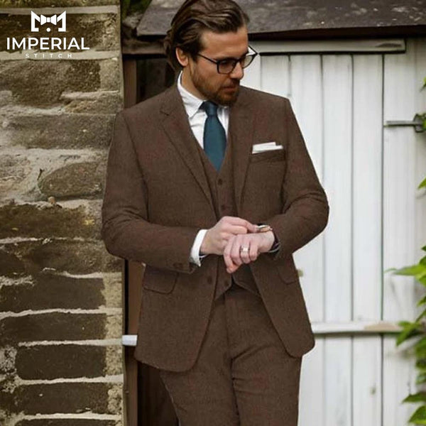 Premium Coffee Brown Three-Piece Men’s Suit - Elegant Formalwear for Any Occasion - Imperial Stitch