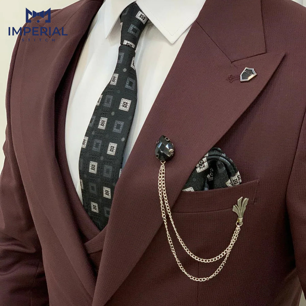 Slim Fit 3-Piece Maroon Peak Lapel Suit for Men – Stylish & Modern Formalwear