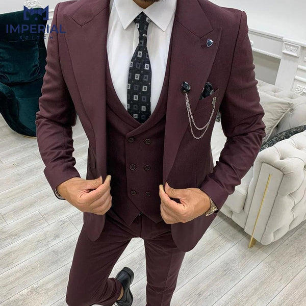 Slim Fit 3-Piece Maroon Peak Lapel Suit for Men – Stylish & Modern Formalwear - Imperial Stitch