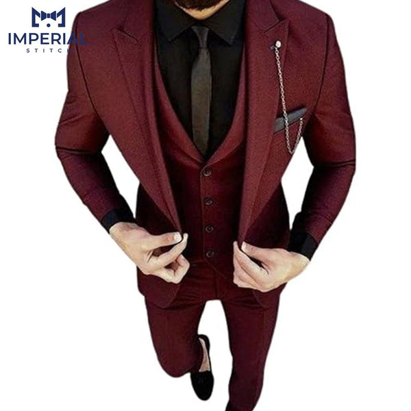 Slim Fit Classy Three-Piece Burgundy Men’s Suit - Elegant & Modern Formalwear - Imperial Stitch