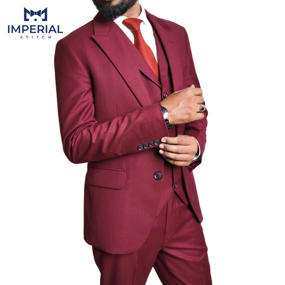 Slim Fit Designer Three-Piece Red Wine Men’s Suit - Elegant & Bold Formalwear