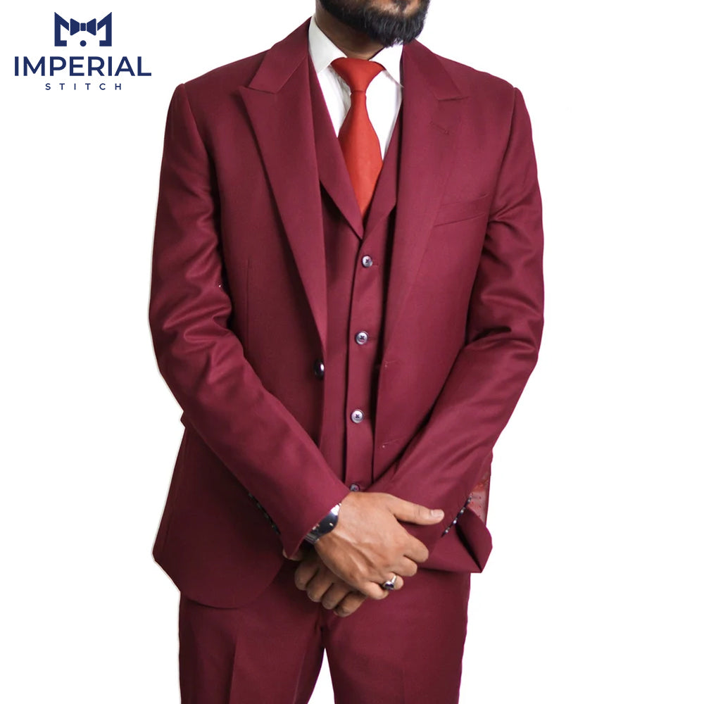 Slim Fit Designer Three-Piece Red Wine Men’s Suit - Elegant & Bold Formalwear