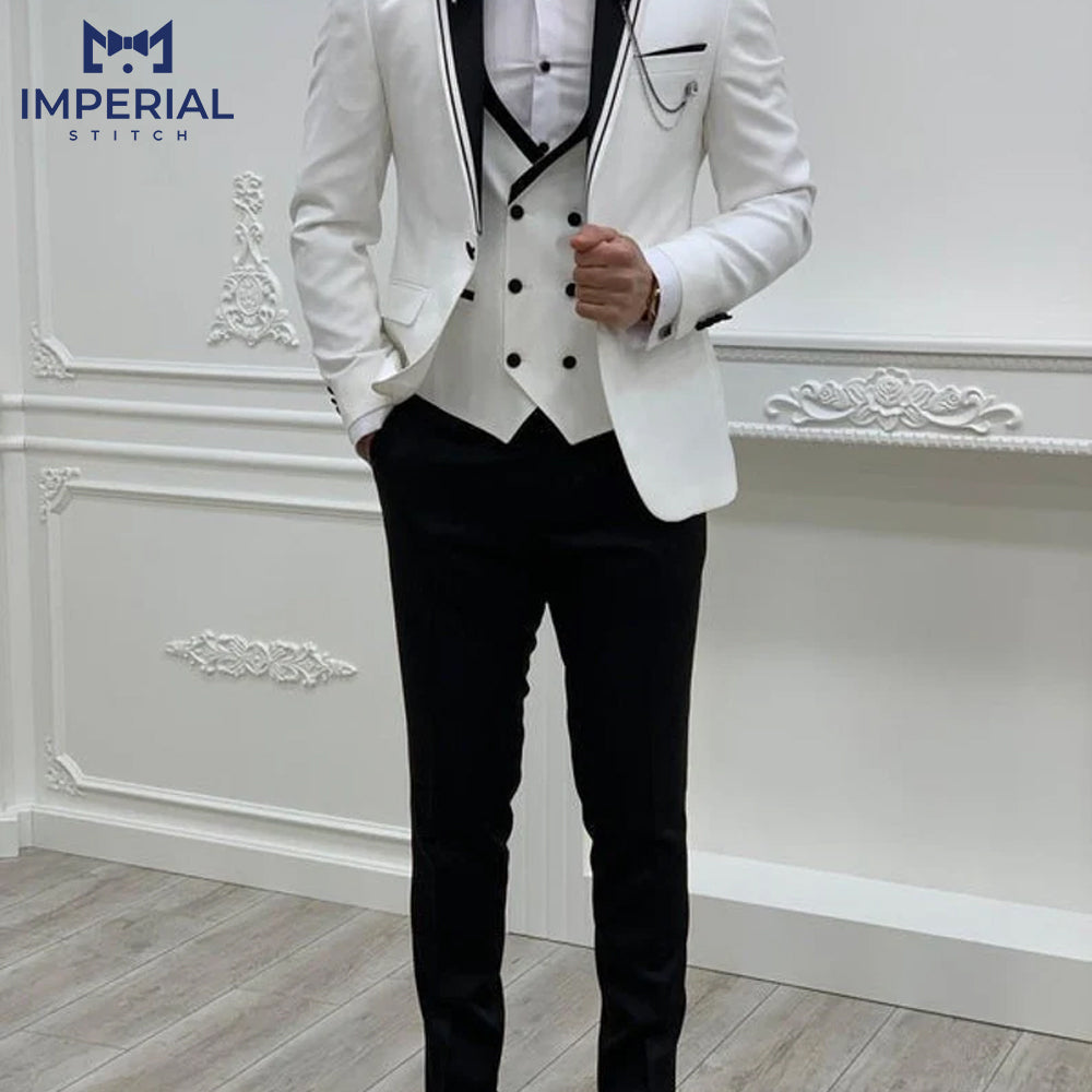 Slim Fit White Classy Three Piece Men’s Suit – Elegant Formalwear for Weddings & Events