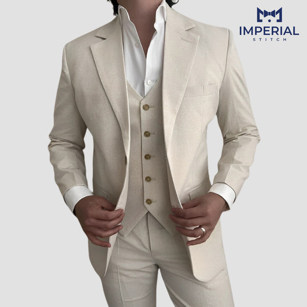 Three Piece Linen Cream Suit for Men – Lightweight & Elegant Formalwear - Imperial Stitch