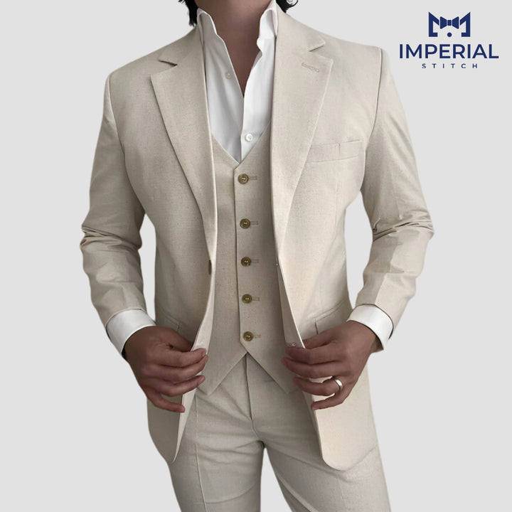 Three Piece Linen Cream Suit for Men – Lightweight & Elegant Formalwear - Imperial Stitch