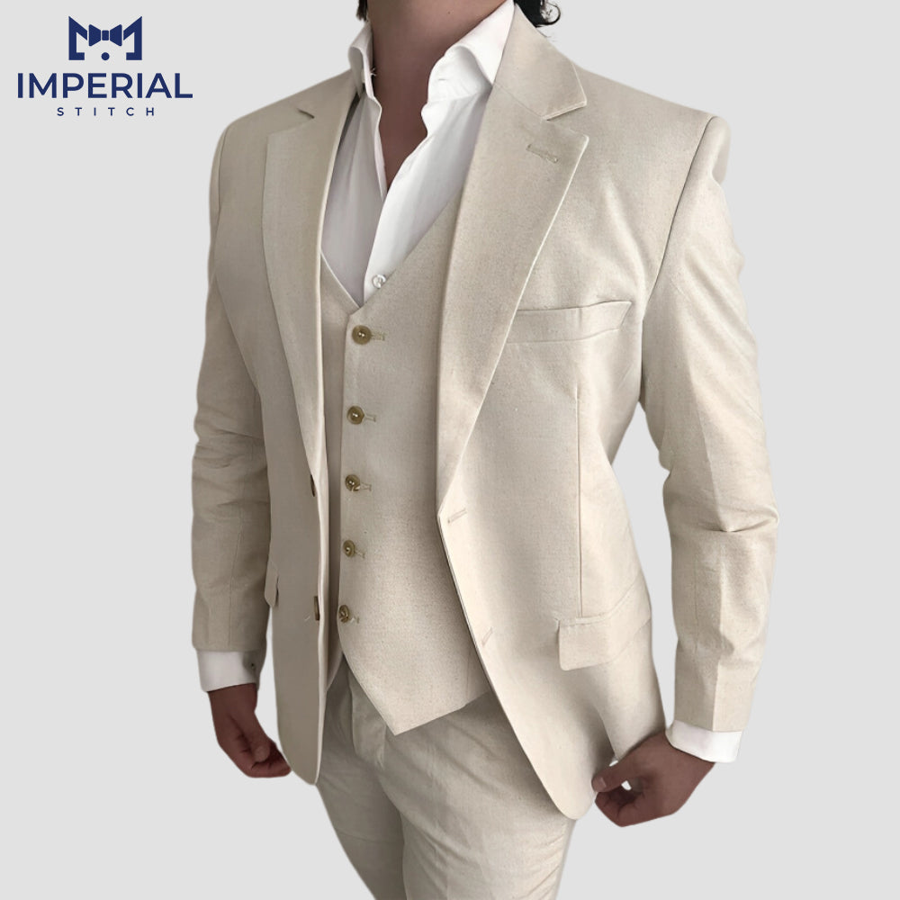 Three Piece Linen Cream Suit for Men – Lightweight & Elegant Formalwear