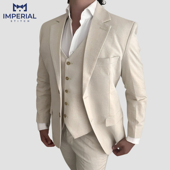 Three Piece Linen Cream Suit for Men – Lightweight & Elegant Formalwear - Imperial Stitch