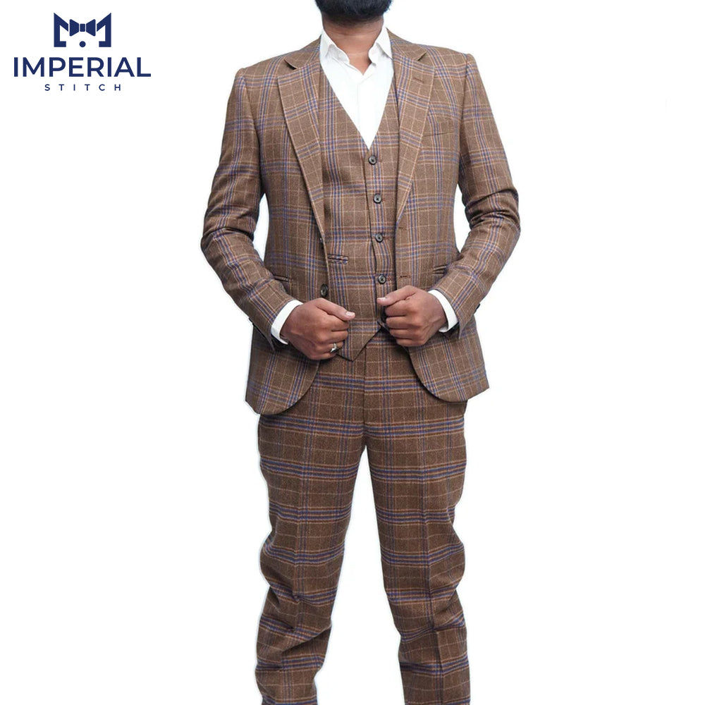 Tweed Fabric Camel Brown 3 Piece Wedding Suit – Classic & Timeless Formalwear