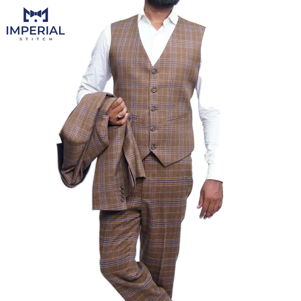 Tweed Fabric Camel Brown 3 Piece Wedding Suit – Classic & Timeless Formalwear