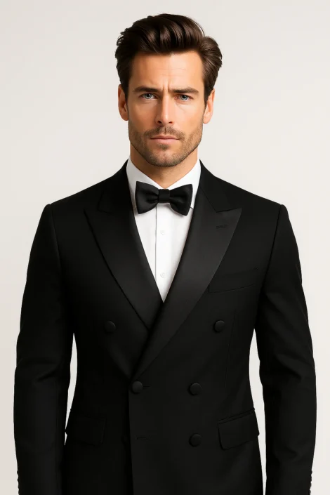 2 Piece Black Slim Fit Huxley Double Breasted Tuxedo Prom Suit – Elegant & Stylish Formalwear