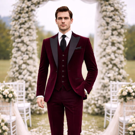 Burgundy Slim Fit Peak Lapel Three Piece Suit
