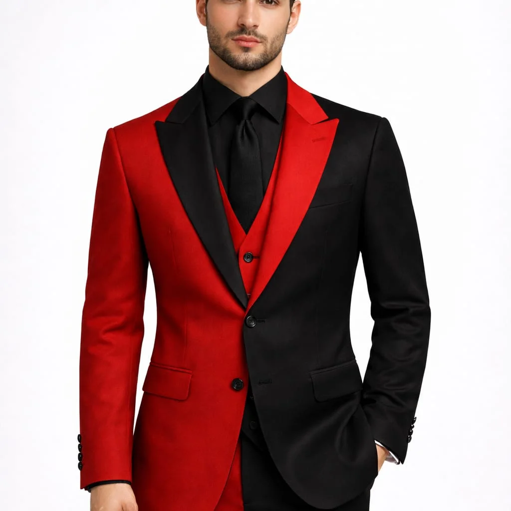 Red and Black Peak Lapel Three Piece Suit